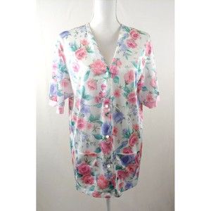 Vtg Sears Cachet Womens Pajama Top Large Pink Floral Button Front Pockets Satin